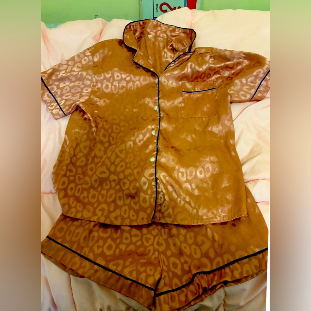 SHEIN Leopard Print Satin Pajama Set - Brown
